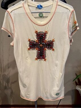 Double D Ranch Cream Short Sleeve Tee with Multi Colored Embellished Cross